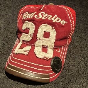 Red Stripe leather back hat